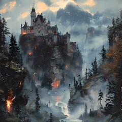 Enchanted Medieval Castle in an Autumnal Forest Landscape
