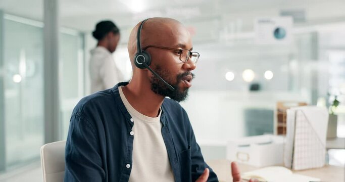 Callcenter, advice and phone call with black man, headset and consultant at customer service agency. Tech support, telemarketing and virtual assistant at help desk with conversation at crm office.