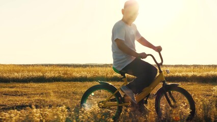 happy boy learning ride bicycle park, child schoolboy son rides bicycle sunset, happy family,...