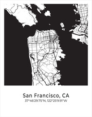 San Francisco city map. Travel poster vector illustration with coordinates. San Francisco, California, The United States of America Map in light mode.