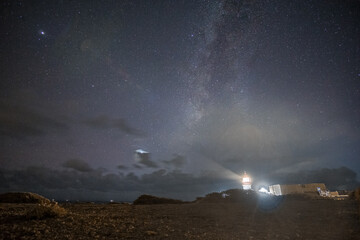 Night sky over lighthouse of Cabo de Sao Vicente with Milky Way and planets Venus and Saturn,...