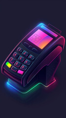 Obraz premium A cell phone is placed on top of a table beside a payment terminal, suggesting electronic payment.