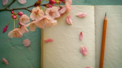 Blank notebook, pencil and orchid flowers on a textured craft paper background
