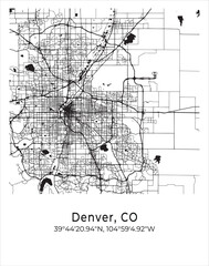 Denver city map. Travel poster vector illustration with coordinates. Denver, Colorado, The United States of America Map in light mode.