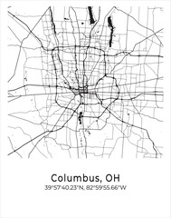 Columbus city map. Travel poster vector illustration with coordinates. Columbus, Ohio, The United States of America Map in light mode.