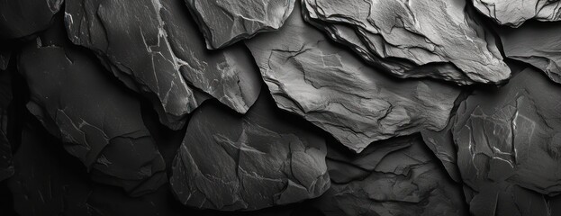 A dark grey black slate background filled with a range of rock formations in black and white. - obrazy, fototapety, plakaty