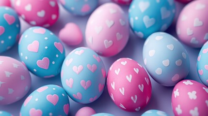 Obraz premium Happy Easter. Colorful hand-painted decorated with hearts Easter eggs. Festive traditional symbols.