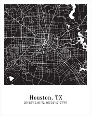 Houston city map. Travel poster vector illustration with coordinates. Houston, Texas, The United States of America Map in dark mode.