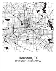 Houston city map. Travel poster vector illustration with coordinates. Houston, Texas, The United States of America Map in light mode.