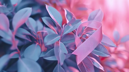 Breast cancer awareness symbol pink ribbon on leaves. Healthcare and medicine concept.