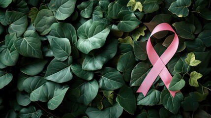Breast cancer awareness symbol pink ribbon on leaves. Healthcare and medicine concept.