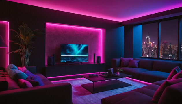 Home cinema, living room with colored LED lighting - Smart home. Big Tv In A Living Room. Elegant living room with big tv screen. Colored LED lit living room with home theater.