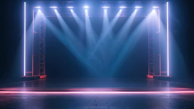 Big stage with red neon light luminance background.