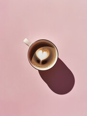 heart for coffee - top view on a cup of coffee with heart foam on pink underground