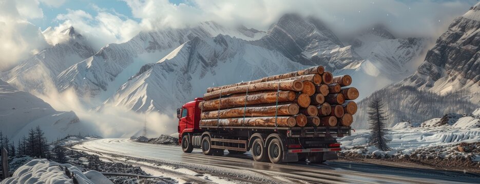 A trailer truck carrying wooden logs driving along a snow-covered road.