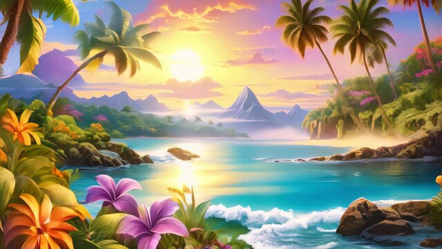 Sunny tropical palm and flower paradise view beach landscape.