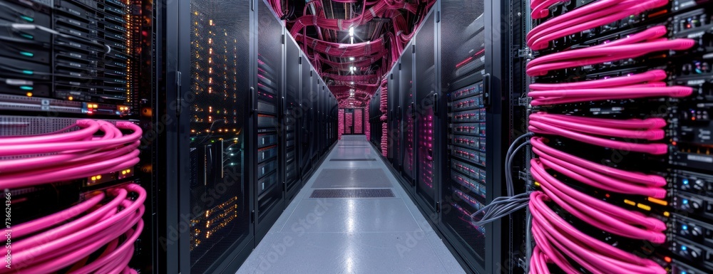 Poster a photo showcasing a lengthy array of servers in a data center, connected by network cables.