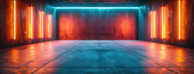 A futuristic studio stage dark room with neon lights and a concrete floor.