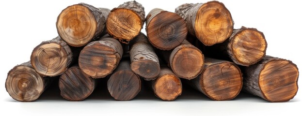 A pile of wooden logs stacked on top of each other, isolated on a white background.