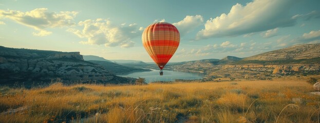 A hot air balloon gracefully flies over a picturesque valley, offering stunning aerial views.