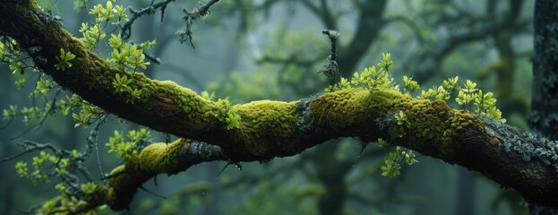 A close-up shot of moss plants growing on a tree branch in the middle of a forest.