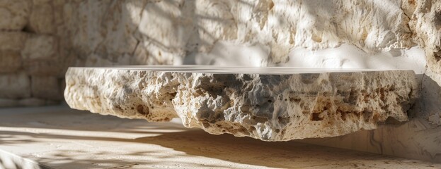 A closeup photo featuring a limestone table serving as a stone bench positioned alongside a limestone wall. - obrazy, fototapety, plakaty