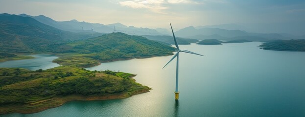 A wind turbine, part of a wind farm, stands in the middle of a lake.