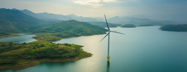 Fotobehang A wind turbine, part of a wind farm, stands in the middle of a lake. © FryArt Studio