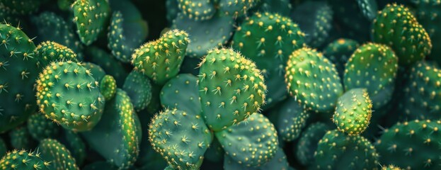 A close-up view capturing a large group of vibrant green cacti plants standing tall and adding visual intrigue.