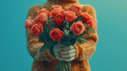 Close up of woman s hands holding vibrant bouquet of colorful roses with text space