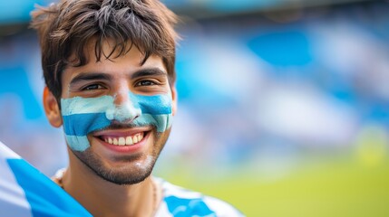 Joyful argentina football fan with flag face paint at stadium event, copy space for text