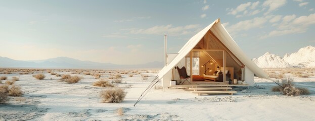 A light-colored small tent made of white fabric and wood sitting in the middle of a barren desert...