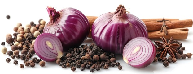 A pile of red onions and various spices arranged on a white surface, isolated on a white background.