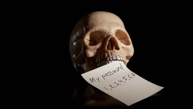 Wrong password on black background. Somebody write a wrong password on the paper in the human skull against black background.