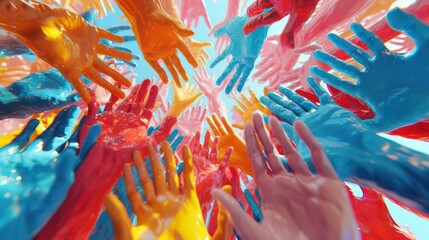 Bunch of colorful hands of friends group having fun at beach party on holi color festival summer vacation - Young people enjoying time together - Youth friendship concept with multicolored powder game - obrazy, fototapety, plakaty