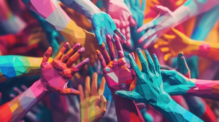 Bunch of colorful hands of friends group having fun at beach party on holi color festival summer vacation - Young people enjoying time together - Youth friendship concept with multicolored powder game - obrazy, fototapety, plakaty