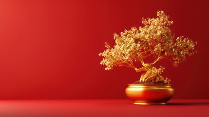 Auspicious chinese decorative plant with gold coated over on red background