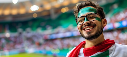 Excited portugal flag face painted man cheering at football stadium with copy space