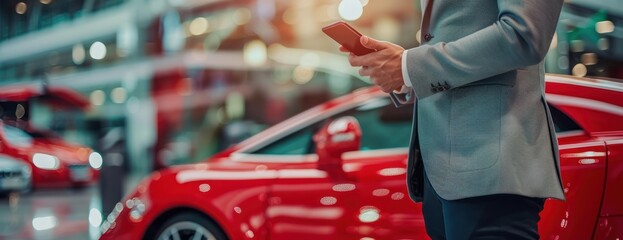 A professional businessman stands next to a vibrant red car, confidently holding a cell phone.