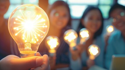 A group of people gathers around a glowing light bulb, symbolizing creative group work and collaboration, as ideas spark and innovation flourishes in a dynamic and inspiring environment