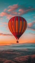 Obraz premium A hot air balloon gracefully soars high in the sky, showcasing its vibrant colors and unique shape.