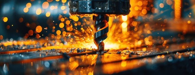 A close-up of the tense moment of a drill machine carefully cutting a piece of metal.