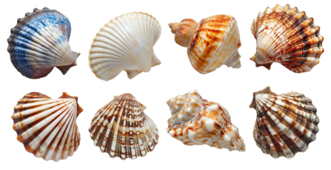 Variety of exotic conch and sea shells over isolated transparent background