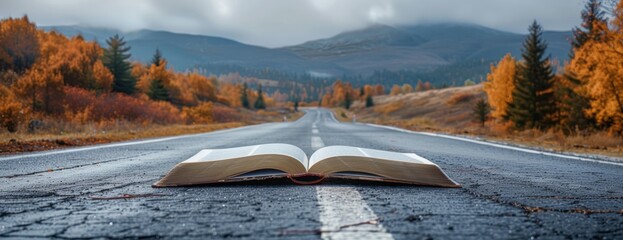 An open book sits on the side of a road, surrounded by asphalt and grass.