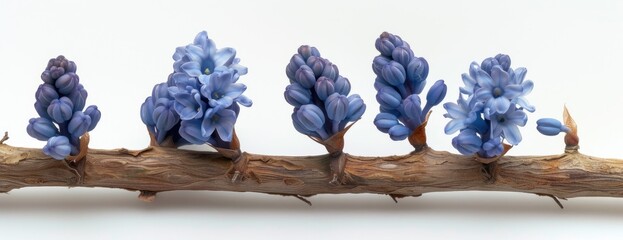 A group of blue hyacinth flowers sits atop a branch against a white background.