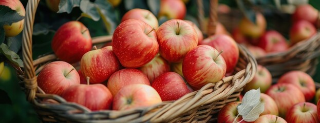 A close-up shot of a basket filled with freshly picked apples at the apple orchard.