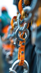 A detailed view of multiple metal chains, possibly used as fall arrest devices for high-altitude work.