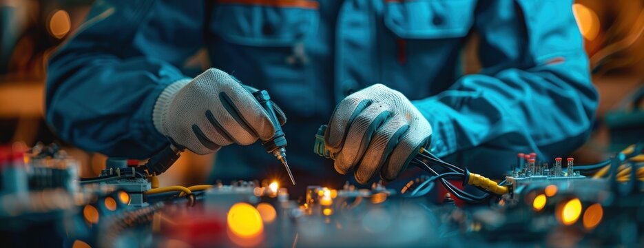 A close-up of an electrician wearing a blue jacket as they work on an electrical circuit.