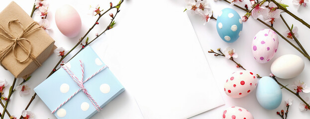 White layout of Easter eggs and gift boxes with copy space greeting card in the middle