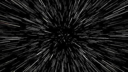 Hyperspace jump through the stars to a distant space. 4K 3D rendering traveling through star fields flying extremely fast light speed journey through a wormhole to the end of tunnel in space.